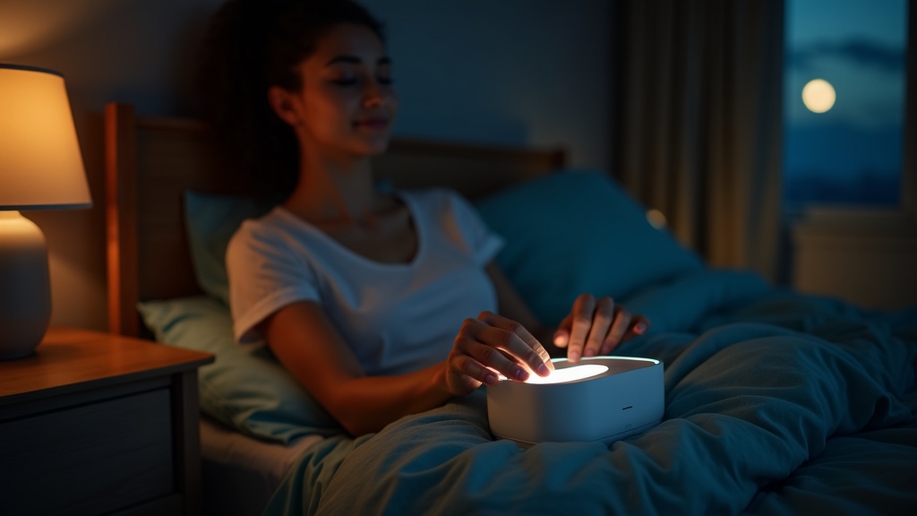 Person thoughtfully adjusting a white noise machine on a bedside table in a softly lit, tranquil bedroom with warm lamp glow and cool moonlight.