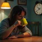 A young adult sits at a kitchen table at an unusual hour, sipping a colorful mug under mixed lighting, conveying the personal challenges of irregular sleep.