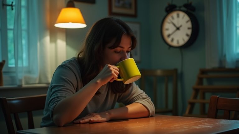 A young adult sits at a kitchen table at an unusual hour, sipping a colorful mug under mixed lighting, conveying the personal challenges of irregular sleep.