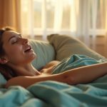 A young adult stretching and yawning in a softly lit bedroom at sunrise, highlighting the relaxed transition from sleep in a cozy, textured bed.