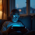 A person wearing blue light glasses on a sofa at dusk, illuminated by both a warm lamp and the cool glow of a tablet, combining curiosity with a relaxed evening setting.