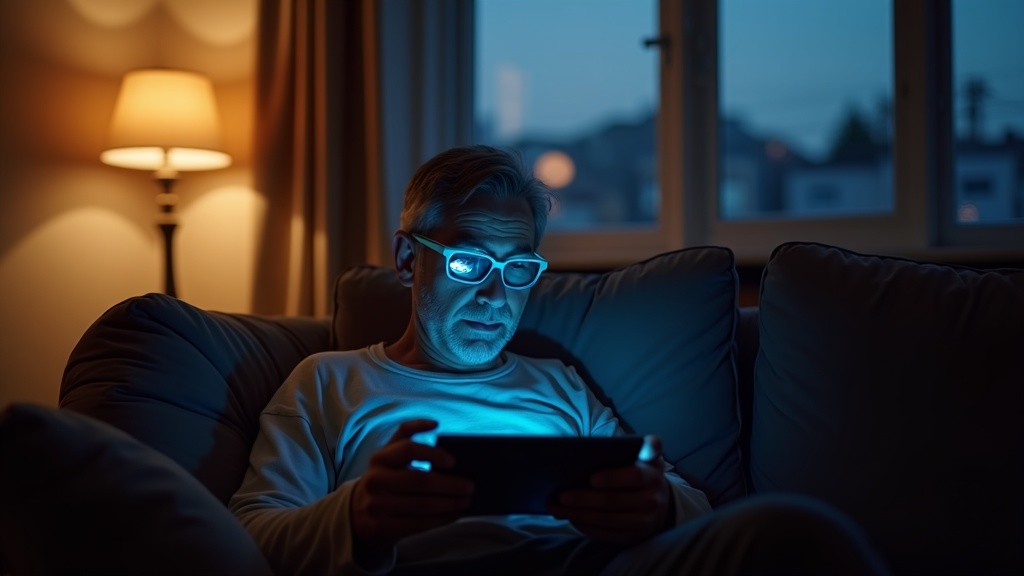 A person wearing blue light glasses on a sofa at dusk, illuminated by both a warm lamp and the cool glow of a tablet, combining curiosity with a relaxed evening setting.