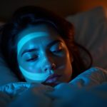 A person lies awake in bed at night with a clock projection across their face, highlighting the tension and disrupted sleep often caused by stress.