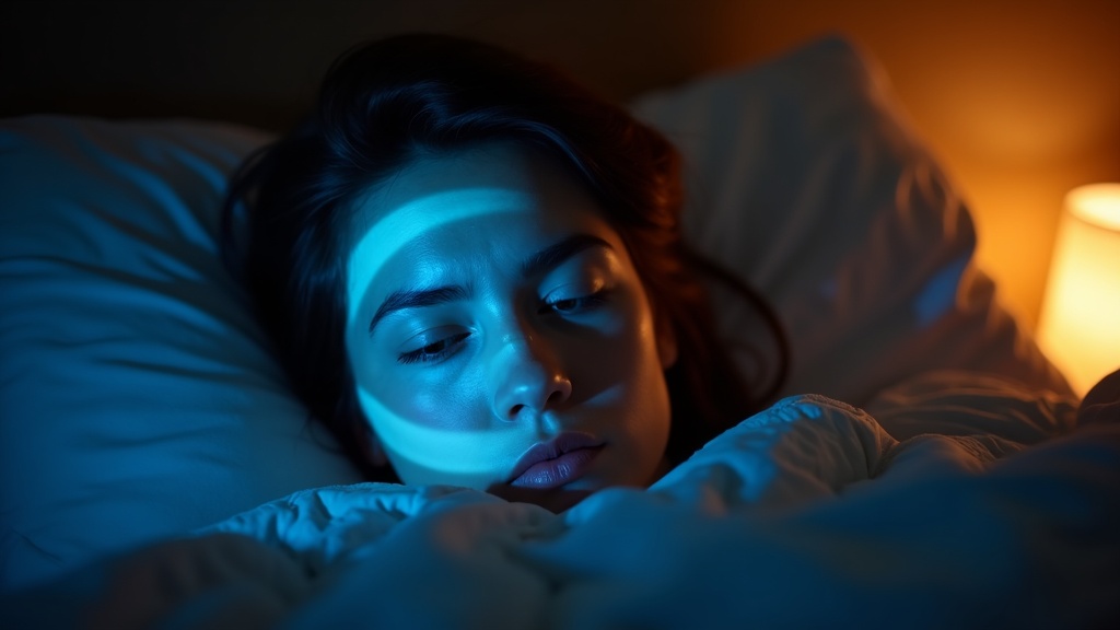 A person lies awake in bed at night with a clock projection across their face, highlighting the tension and disrupted sleep often caused by stress.
