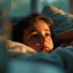 A person lying awake at dawn with wide, thoughtful eyes, illuminated by warm sunlight and cool shadows in a softly lit bedroom.