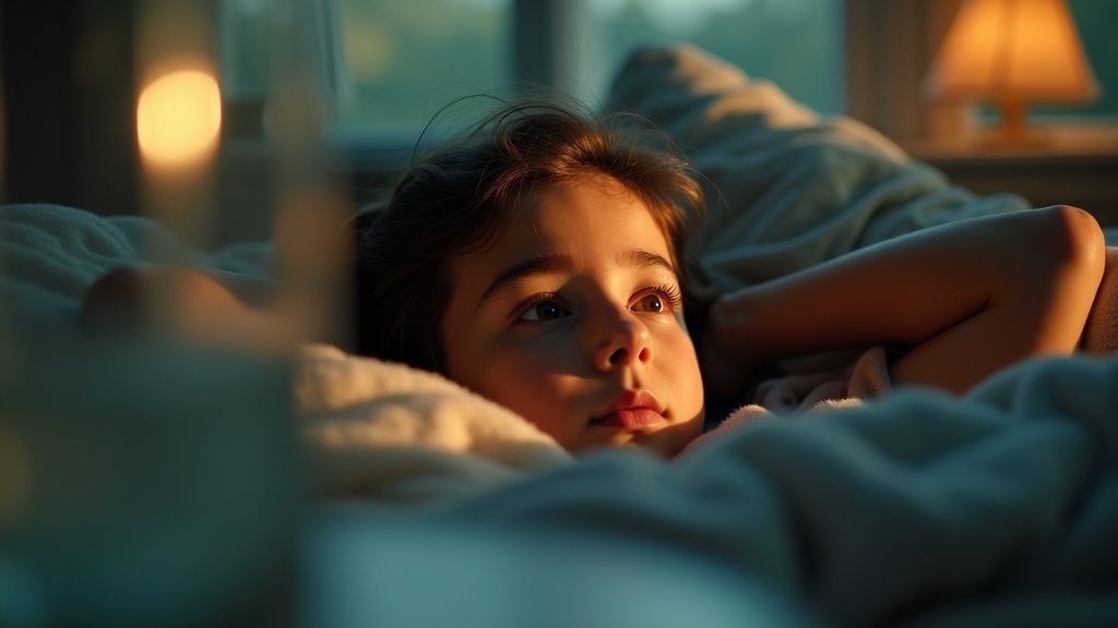 A person lying awake at dawn with wide, thoughtful eyes, illuminated by warm sunlight and cool shadows in a softly lit bedroom.