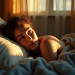 A young adult in a sunlit bedroom gazes thoughtfully out a window from bed, illuminated by soft morning light, capturing a realistic moment of waking up.