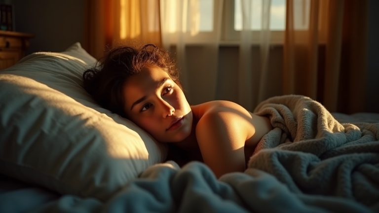 A young adult in a sunlit bedroom gazes thoughtfully out a window from bed, illuminated by soft morning light, capturing a realistic moment of waking up.