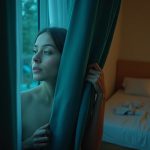 A person adjusts teal curtains in a softly lit bedroom at dusk, balancing indoor warmth and a cool breeze from an open window.