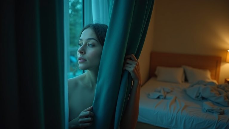 A person adjusts teal curtains in a softly lit bedroom at dusk, balancing indoor warmth and a cool breeze from an open window.
