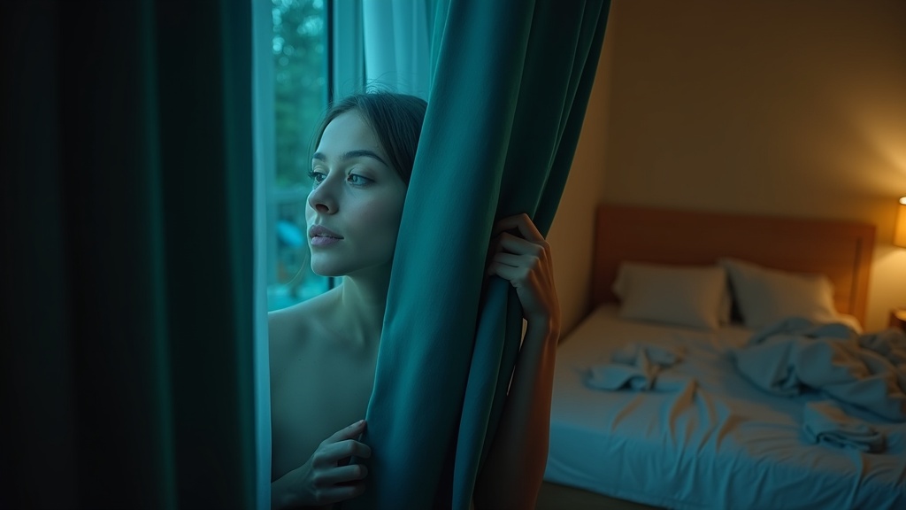 A person adjusts teal curtains in a softly lit bedroom at dusk, balancing indoor warmth and a cool breeze from an open window.