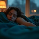 A person rests peacefully in a warmly lit bedroom at night, partially covered by a teal blanket, with soft sound wave motifs suggesting tranquility.