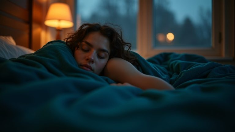 A person rests peacefully in a warmly lit bedroom at night, partially covered by a teal blanket, with soft sound wave motifs suggesting tranquility.