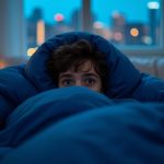 A young adult rests under a bold blue weighted blanket in a warmly lit bedroom, gazing toward a cityscape through a large window.
