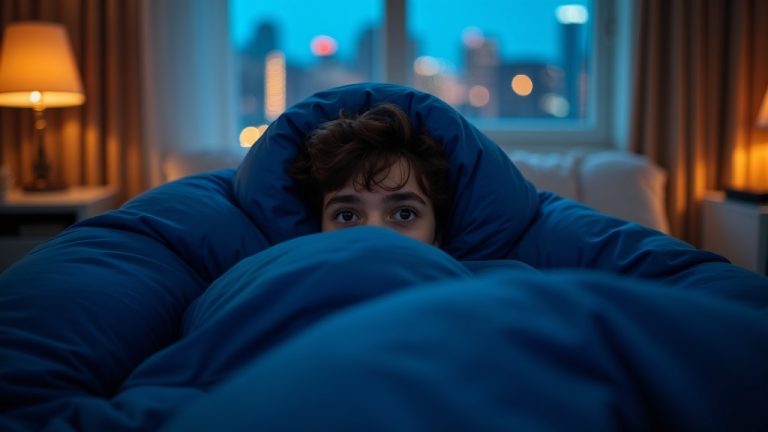 A young adult rests under a bold blue weighted blanket in a warmly lit bedroom, gazing toward a cityscape through a large window.