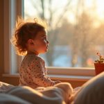 A young child in pajamas stands by a sunlit bedroom window at dawn, appearing thoughtful and just awakened, reflecting early morning sleep patterns.