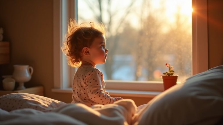 A young child in pajamas stands by a sunlit bedroom window at dawn, appearing thoughtful and just awakened, reflecting early morning sleep patterns.