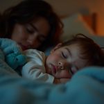 A child sleeping peacefully under blue blankets as a parent watches thoughtfully in a softly lit bedroom.