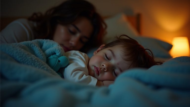 A child sleeping peacefully under blue blankets as a parent watches thoughtfully in a softly lit bedroom.