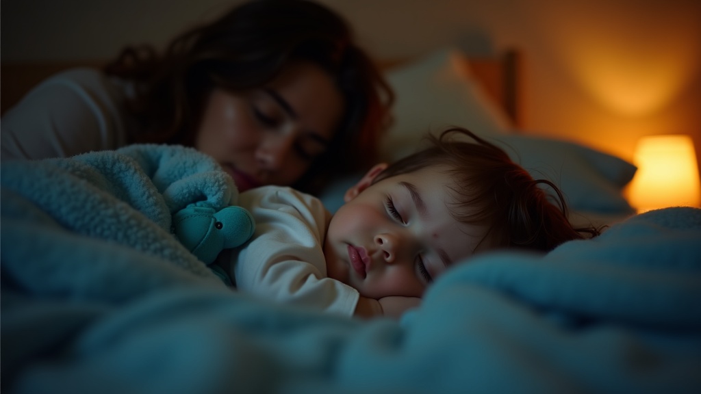A child sleeping peacefully under blue blankets as a parent watches thoughtfully in a softly lit bedroom.