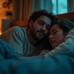 A couple in their 30s sharing a warmly lit bedroom at night, one awake and mildly exasperated while the other sleeps peacefully, highlighting the shared challenge of snoring.