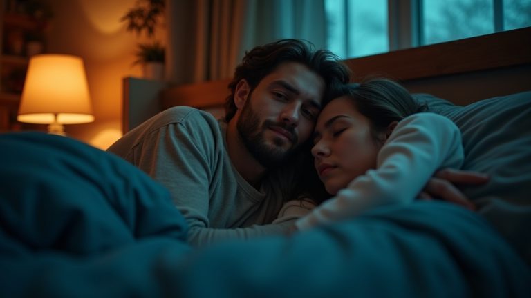 A couple in their 30s sharing a warmly lit bedroom at night, one awake and mildly exasperated while the other sleeps peacefully, highlighting the shared challenge of snoring.