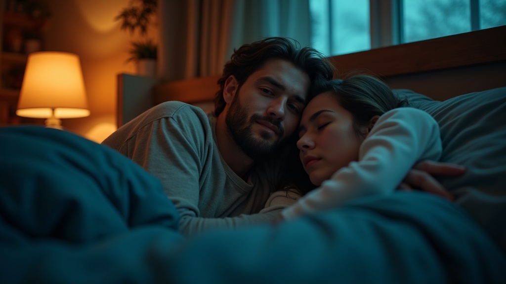 A couple in their 30s sharing a warmly lit bedroom at night, one awake and mildly exasperated while the other sleeps peacefully, highlighting the shared challenge of snoring.