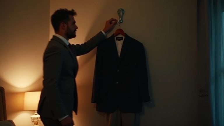 A person in a softly-lit bedroom hangs up work clothes beside cozy pajamas, highlighting the transition from work to relaxation before sleep.