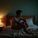 A contemplative young adult sits on a bed in a softly lit bedroom, illuminated by warm lamp and window light before a sleep apnea test.