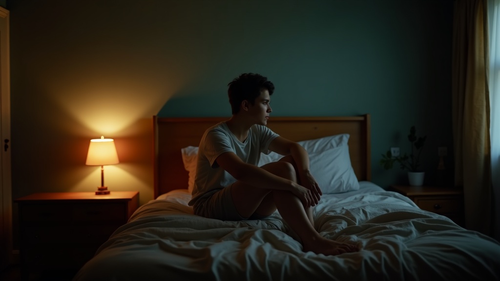 A contemplative young adult sits on a bed in a softly lit bedroom, illuminated by warm lamp and window light before a sleep apnea test.