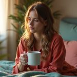 A woman in her late 20s sits thoughtfully on a bed in a softly lit bedroom, holding a mug and surrounded by cozy, textured decor.