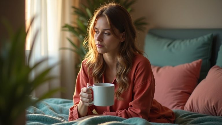 A woman in her late 20s sits thoughtfully on a bed in a softly lit bedroom, holding a mug and surrounded by cozy, textured decor.