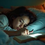 A cozy bedroom at dawn with a person lying awake in bed amid scattered books, uneven pillows, and soft mixed lighting suggesting a restless sleep environment.