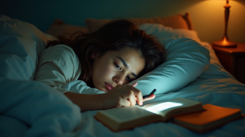 A cozy bedroom at dawn with a person lying awake in bed amid scattered books, uneven pillows, and soft mixed lighting suggesting a restless sleep environment.