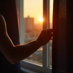 A tranquil bedroom at dawn with a person gently parting blackout curtains, morning light highlighting the serene and restful atmosphere.
