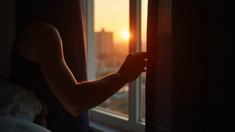 A tranquil bedroom at dawn with a person gently parting blackout curtains, morning light highlighting the serene and restful atmosphere.