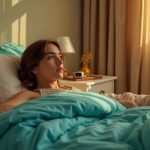 A thoughtful young woman in a sunlit bedroom looks at a sleep tracker on her nightstand, highlighting curiosity and skepticism about sleep technology.