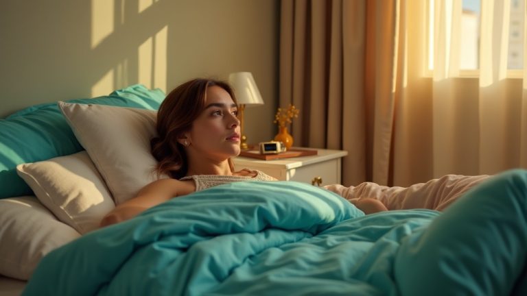 A thoughtful young woman in a sunlit bedroom looks at a sleep tracker on her nightstand, highlighting curiosity and skepticism about sleep technology.