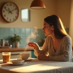Young adult thoughtfully sipping morning coffee at a warm kitchen table, focused on a wall clock, with soft sunlight and cozy ambiance highlighting the quiet decision about caffeine and daily routine.