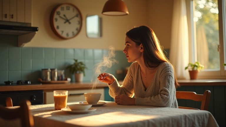 Young adult thoughtfully sipping morning coffee at a warm kitchen table, focused on a wall clock, with soft sunlight and cozy ambiance highlighting the quiet decision about caffeine and daily routine.
