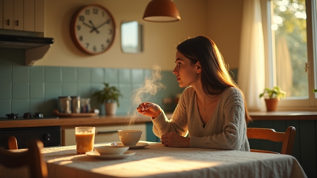 Young adult thoughtfully sipping morning coffee at a warm kitchen table, focused on a wall clock, with soft sunlight and cozy ambiance highlighting the quiet decision about caffeine and daily routine.