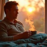 Shift worker enjoying a quiet sunrise in a cozy bedroom, sipping a hot drink and preparing for restful sleep after a night shift.
