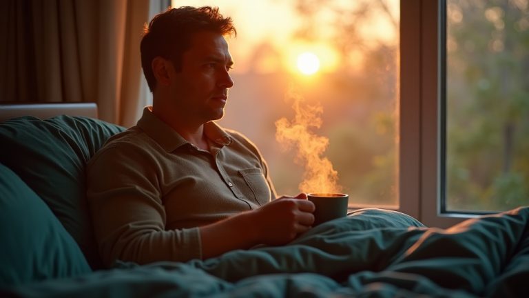 Shift worker enjoying a quiet sunrise in a cozy bedroom, sipping a hot drink and preparing for restful sleep after a night shift.