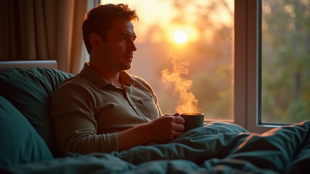 Shift worker enjoying a quiet sunrise in a cozy bedroom, sipping a hot drink and preparing for restful sleep after a night shift.