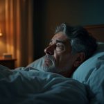 A person lying awake in bed at night, thoughtful and slightly worried, with warm streetlamp light casting shadows in a cozy bedroom.