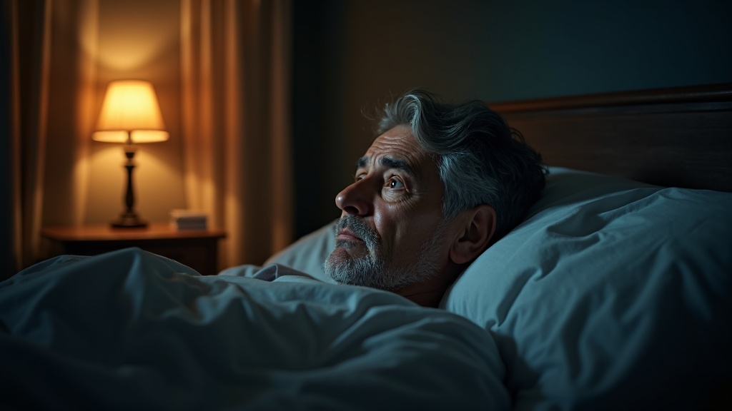 A person lying awake in bed at night, thoughtful and slightly worried, with warm streetlamp light casting shadows in a cozy bedroom.