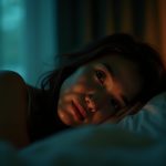 A person lying awake in bed at night, partially lit by a bedside lamp and moonlight, appearing thoughtful and concerned in a cozy bedroom.