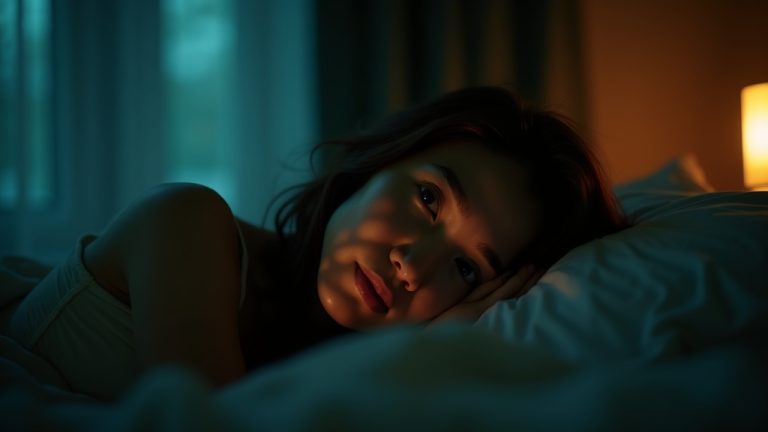 A person lying awake in bed at night, partially lit by a bedside lamp and moonlight, appearing thoughtful and concerned in a cozy bedroom.