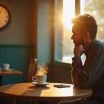 A thoughtful person hesitates over a steaming coffee cup in a cozy afternoon café, glancing at a wall clock as sunlight filters through the window.