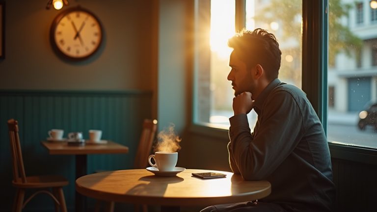 A thoughtful person hesitates over a steaming coffee cup in a cozy afternoon café, glancing at a wall clock as sunlight filters through the window.